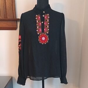 Floral Embroidered Black Blouse